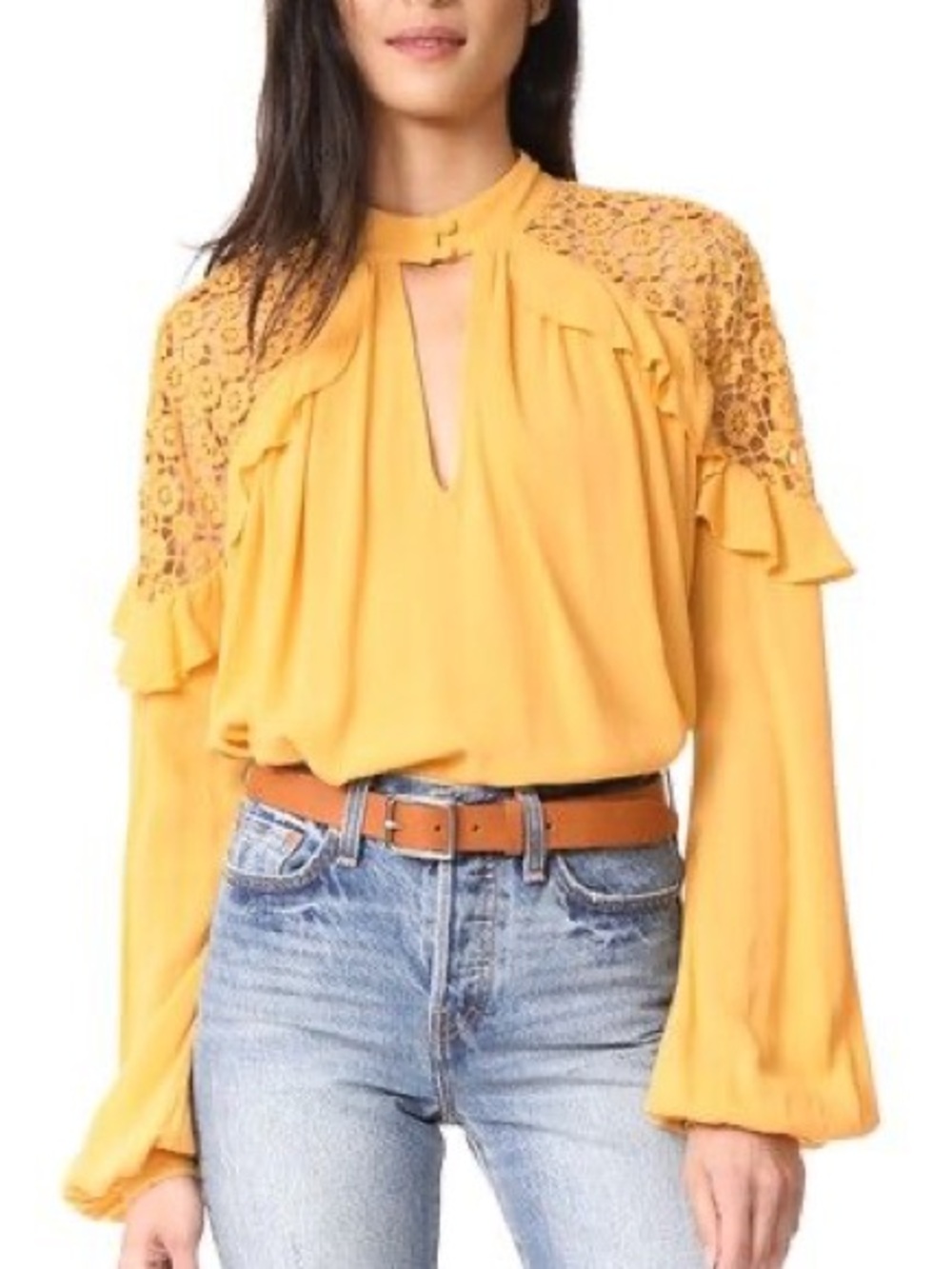 Free People Mustard Yellow Little Bit Of Love Lace-Shoulder Ruffle Blouse Top XS